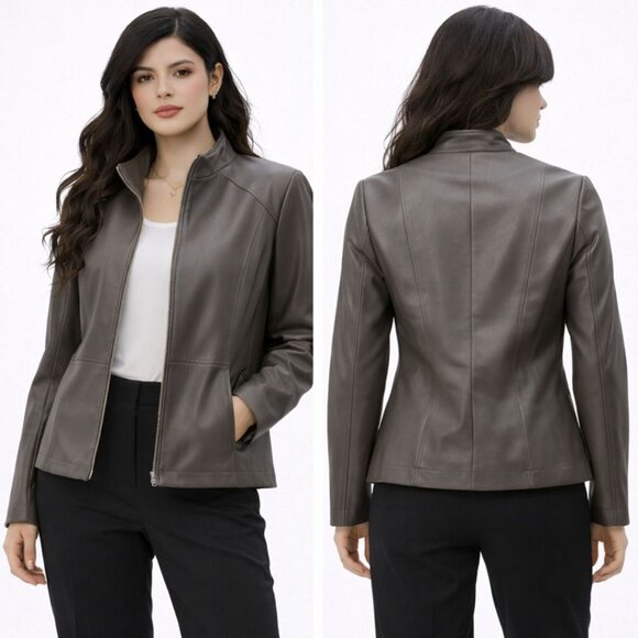 Kenneth Cole Jackets & Blazers - Kenneth Cole Jacket Womens Grey Faux Leather High Collar Moto Zip-Front Size L